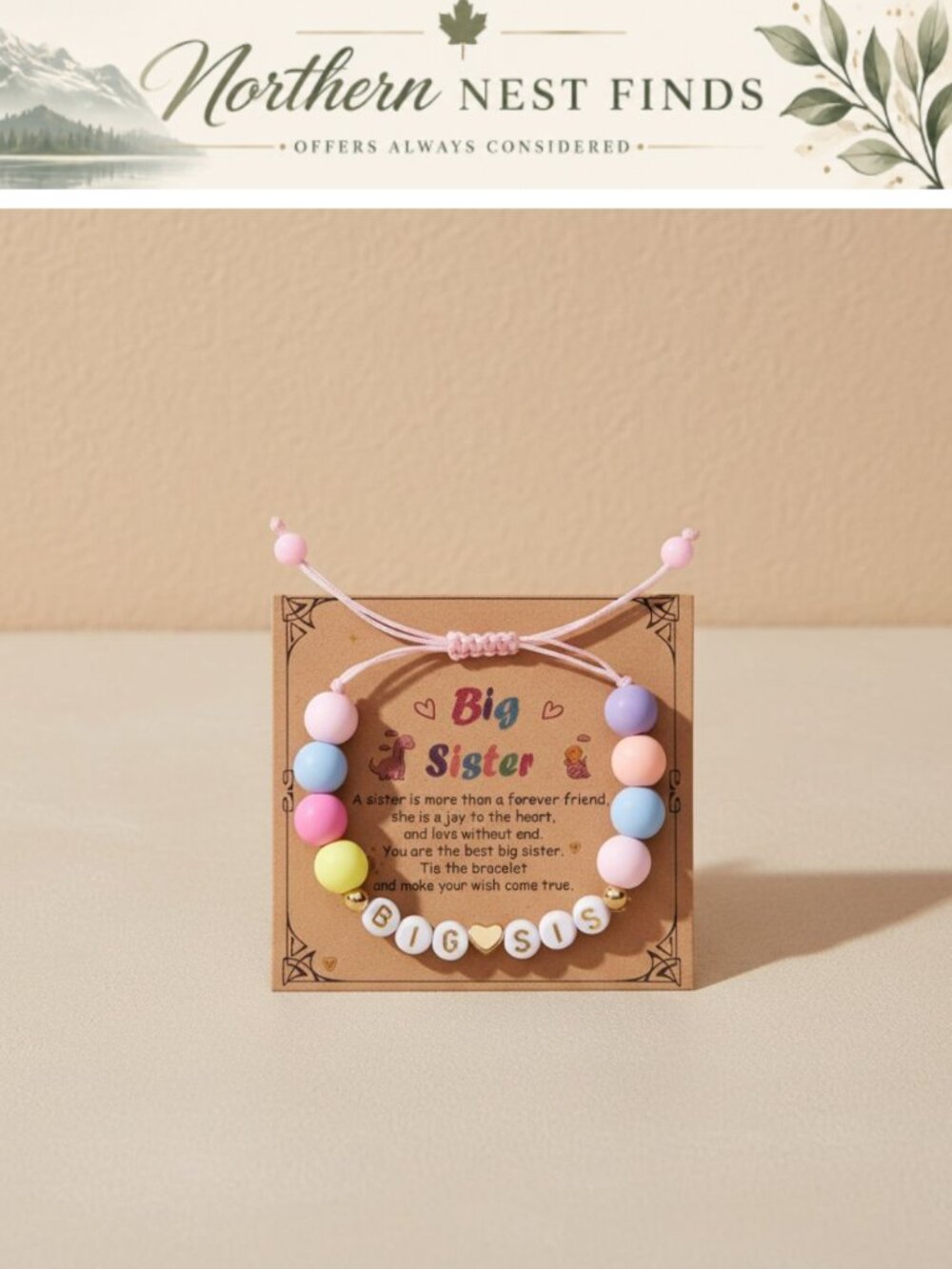 Sister Letter Beaded Bracelet with Card Adjustable